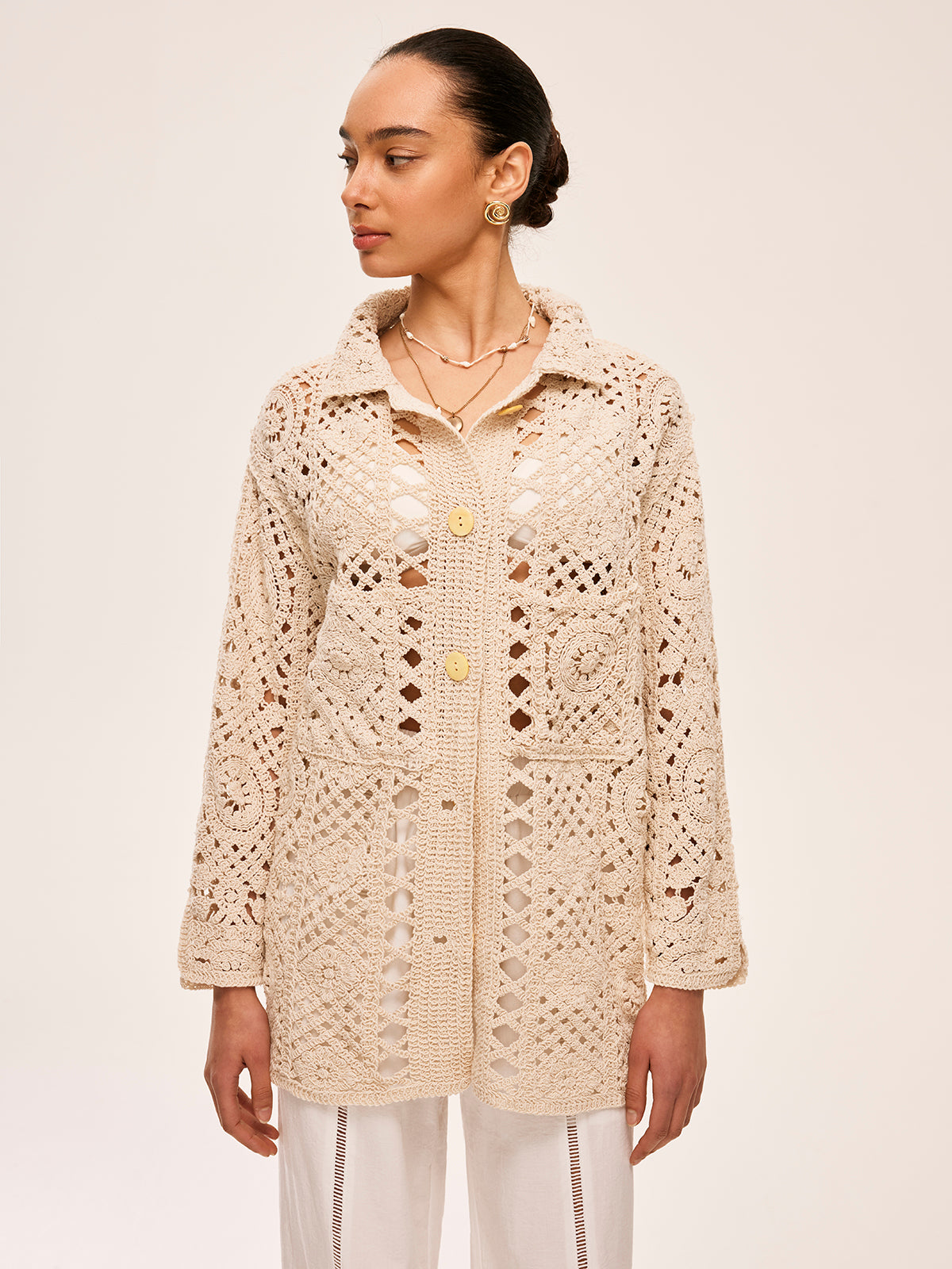 Crochet Button Detail Cardigan-Chicvia