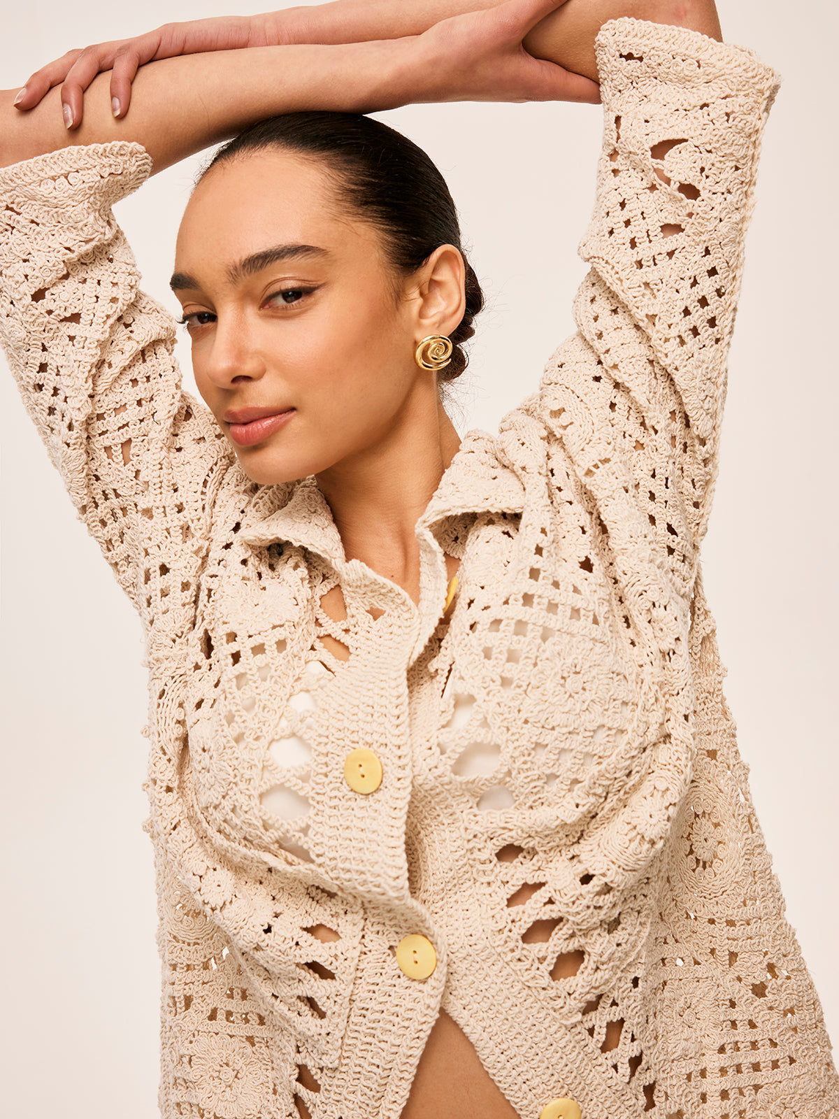 Crochet Button Detail Cardigan-Chicvia