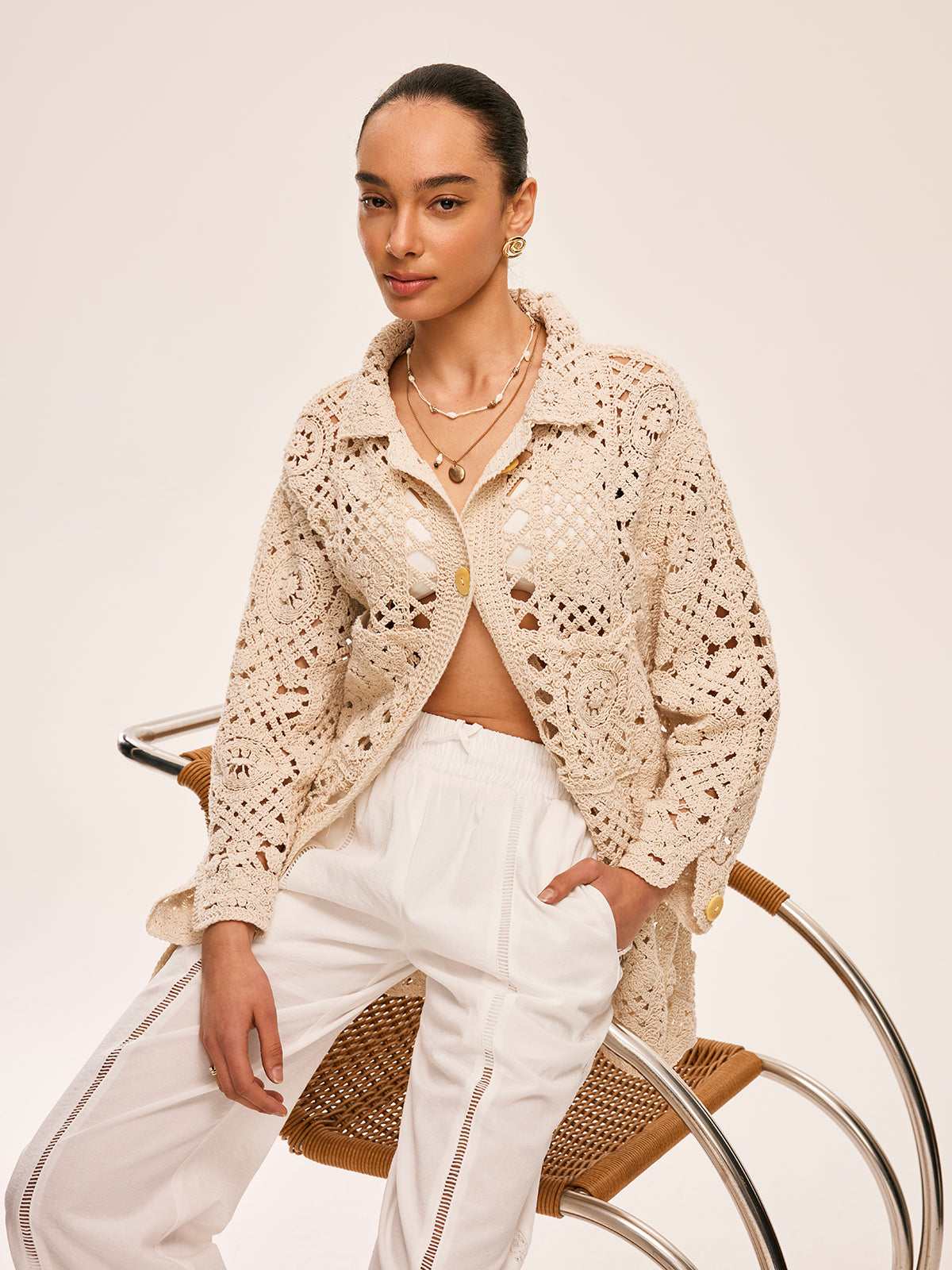 Crochet Button Detail Cardigan-Chicvia