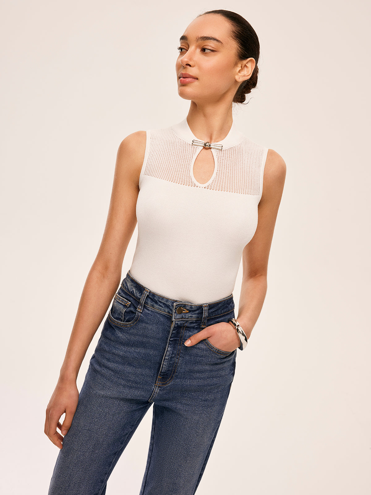 Mesh Detail Keyhole Neck Ribbed Top-Chicvia