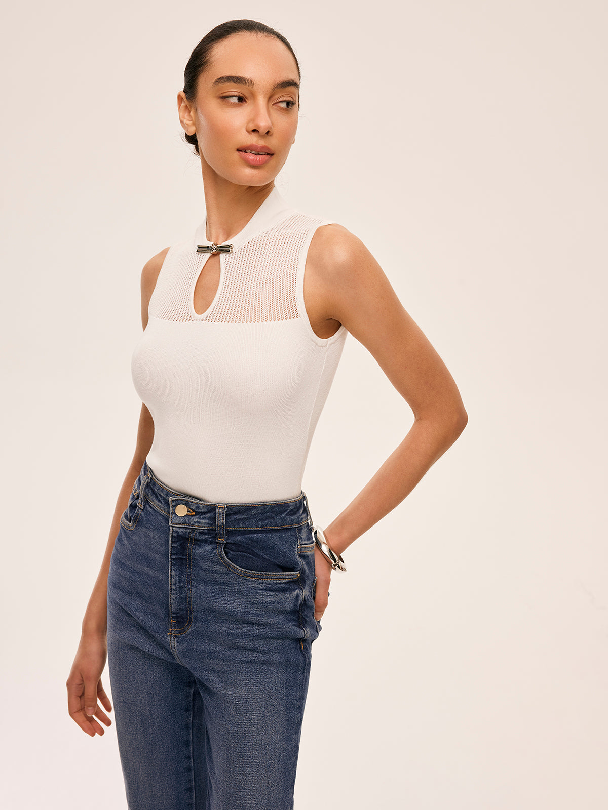 Mesh Detail Keyhole Neck Ribbed Top-Chicvia