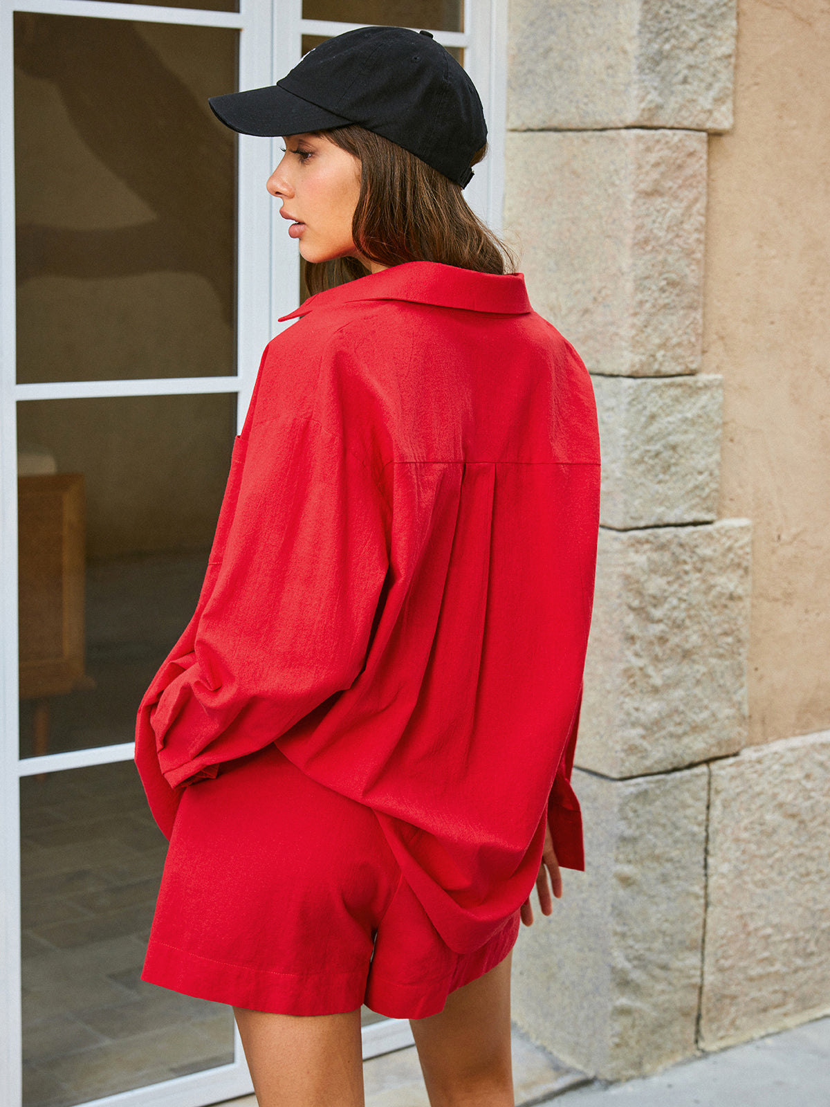 Cotton Pockets Drawstring Shorts Set-Chicvia