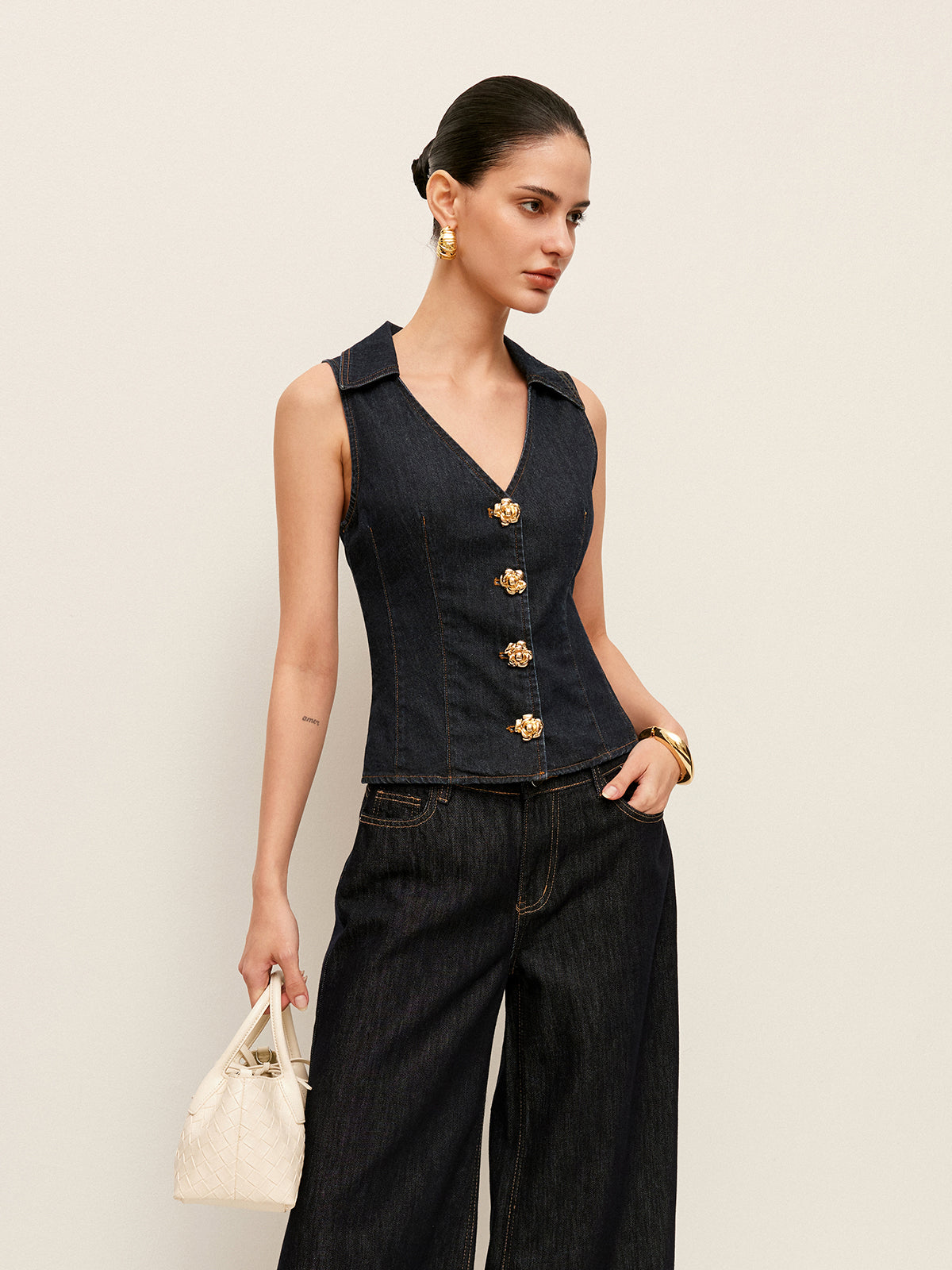 Denim Collared Vest With Floral Button Detail-Chicvia