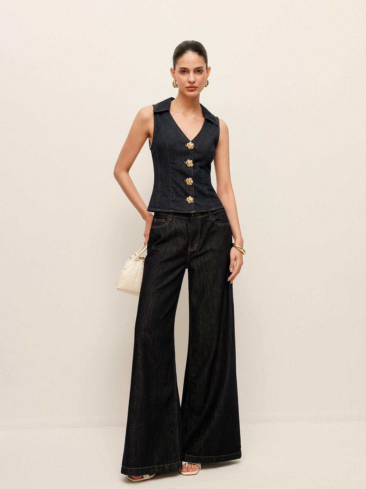 Denim Collared Vest With Floral Button Detail-Chicvia