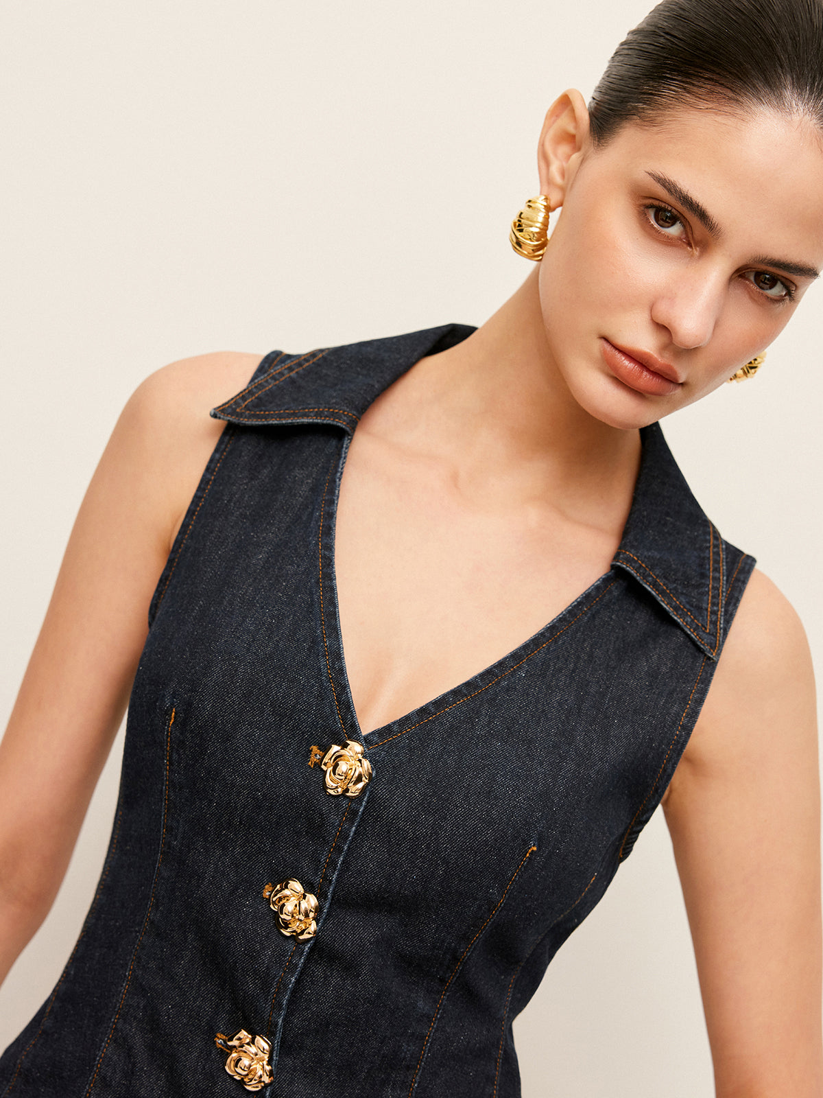 Denim Collared Vest With Floral Button Detail-Chicvia