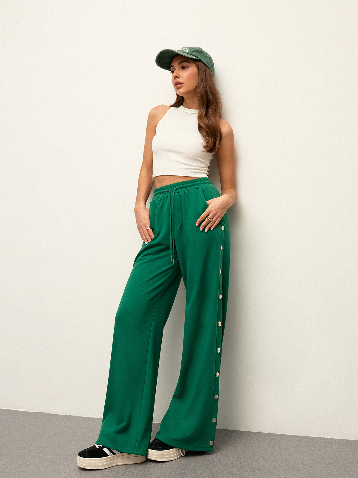 Mid-Waist Drawstring Sweatpants With Button Side Detail-Chicvia