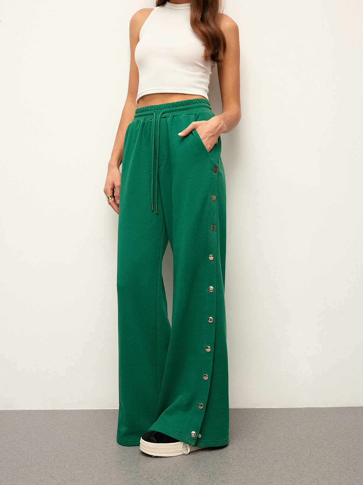 Mid-Waist Drawstring Sweatpants With Button Side Detail-Chicvia