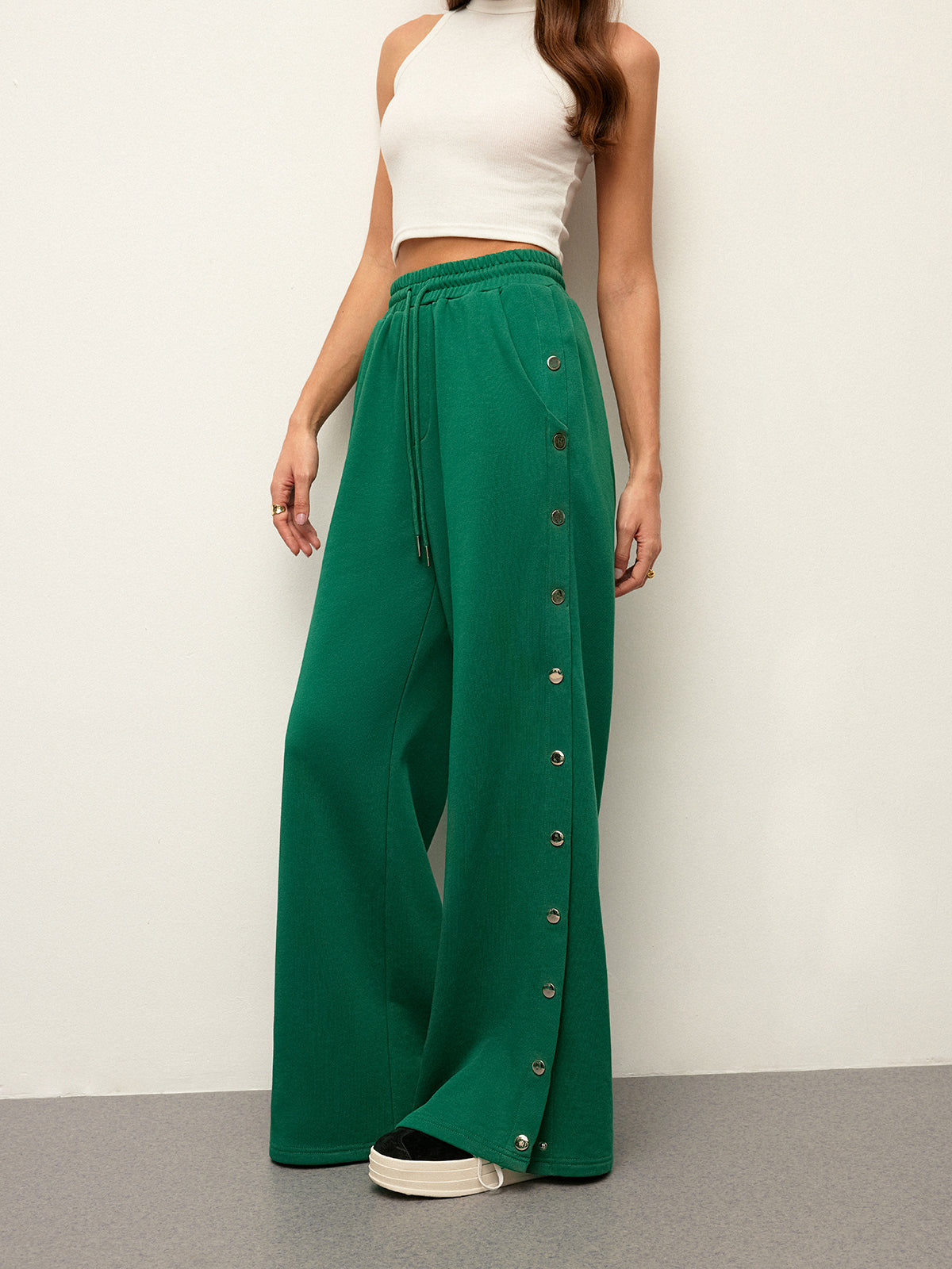 Mid-Waist Drawstring Sweatpants With Button Side Detail-Chicvia