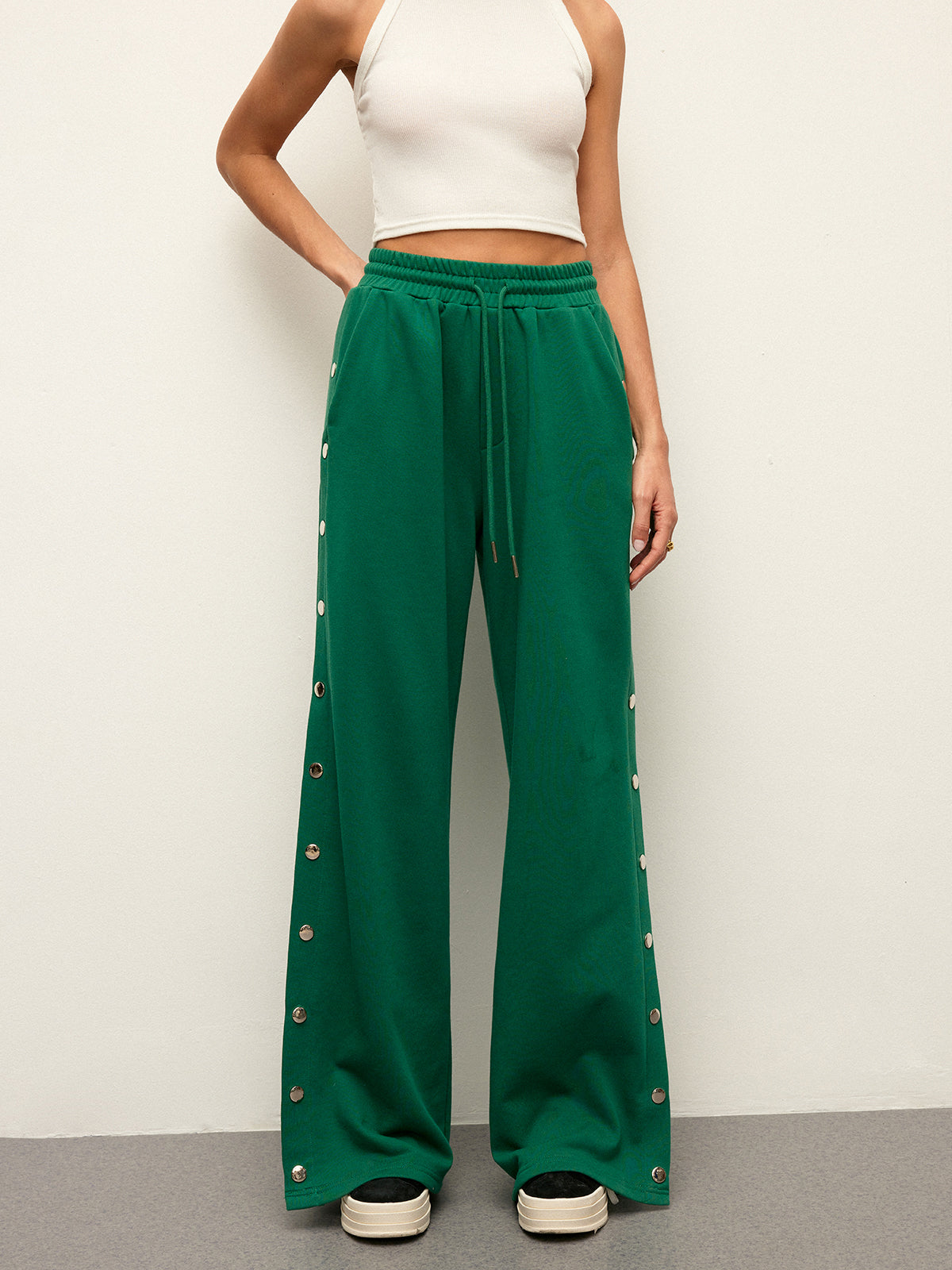 Mid-Waist Drawstring Sweatpants With Button Side Detail-Chicvia