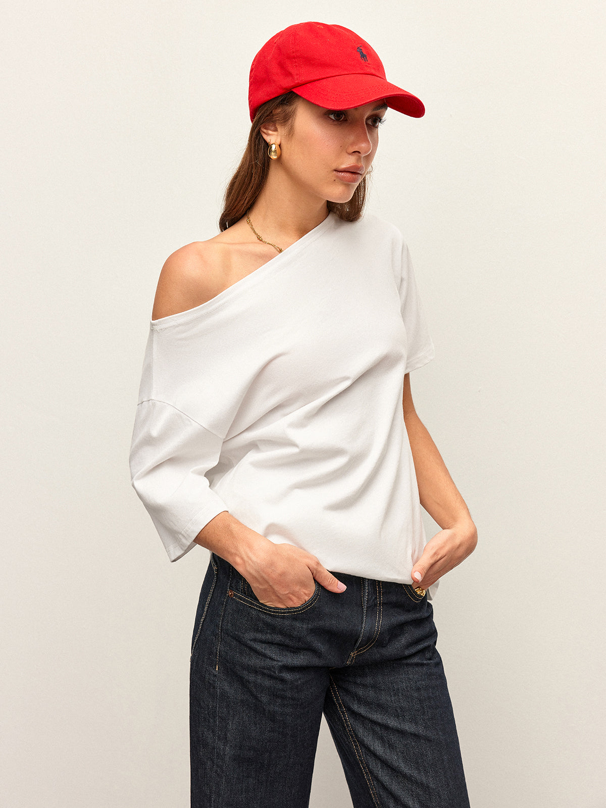 Cotton Off-Shoulder T-Shirt-Chicvia