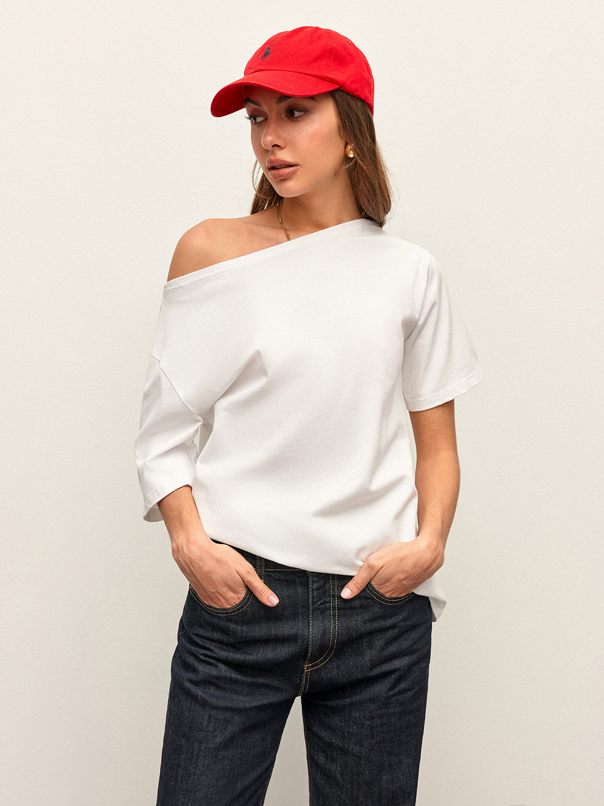 Cotton Off-Shoulder T-Shirt-Chicvia