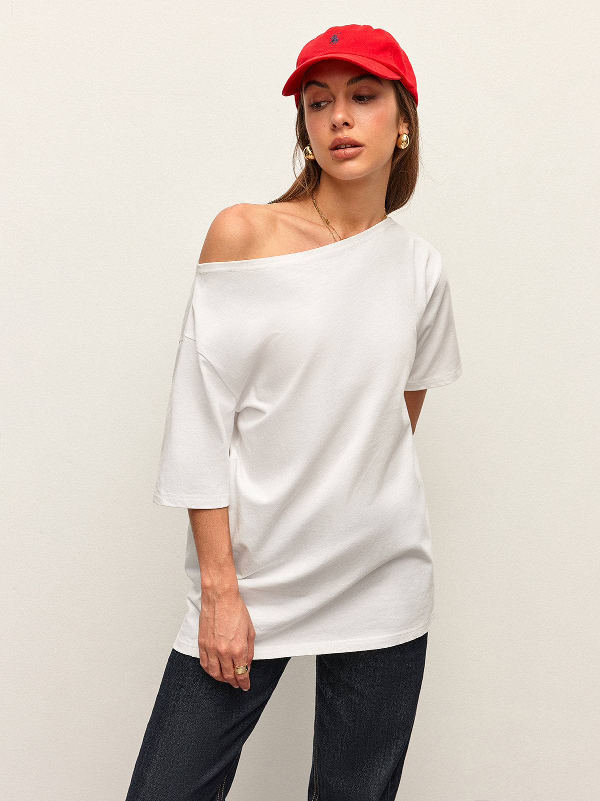 Cotton Off-Shoulder T-Shirt-Chicvia