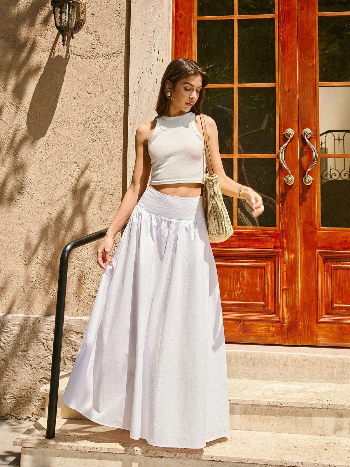 Cotton Mid-Waist Pleated Maxi Skirt-Chicvia