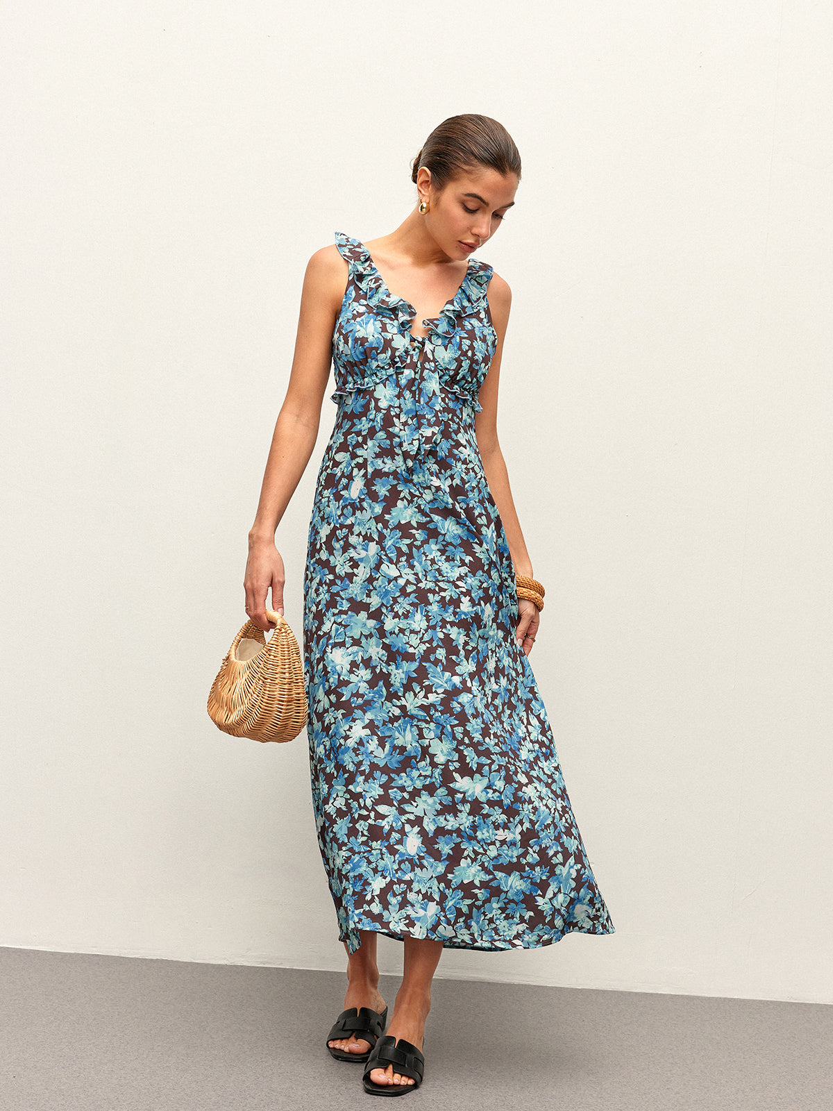 Floral Lettuce Trim V-Neck Zipper Dress-Chicvia