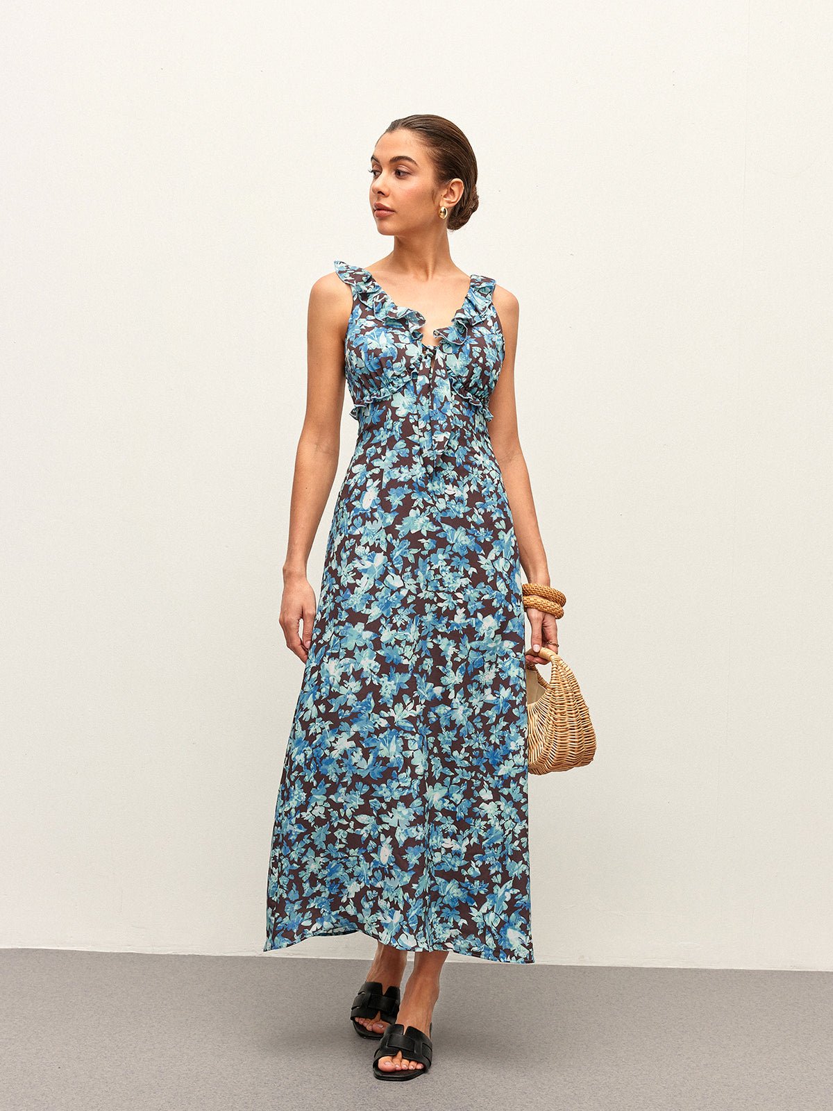 Floral Lettuce Trim V-Neck Zipper Dress-Chicvia