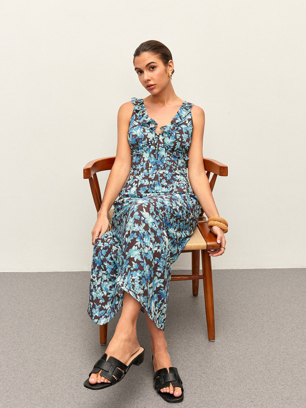 Floral Lettuce Trim V-Neck Zipper Dress-Chicvia