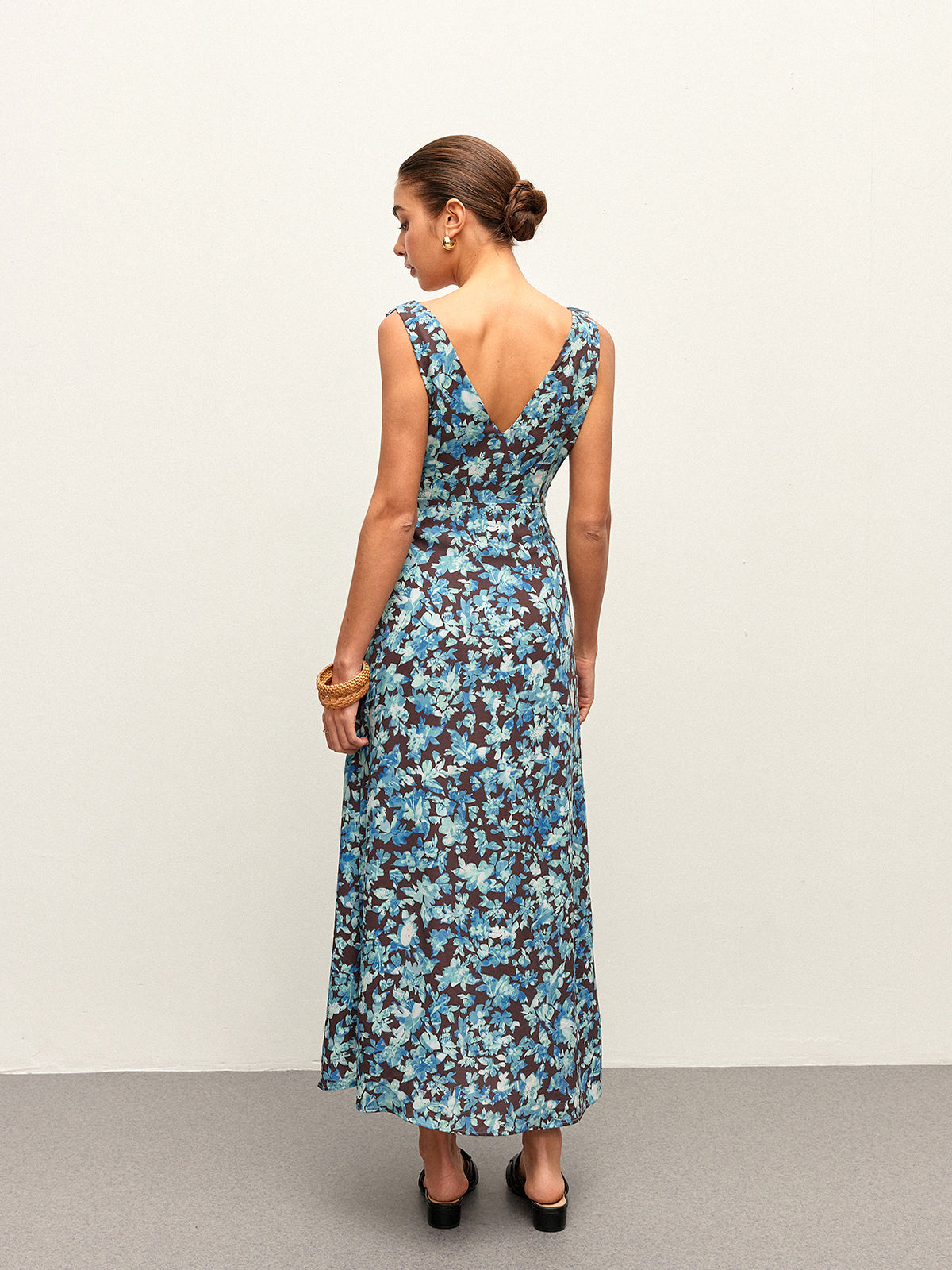 Floral Lettuce Trim V-Neck Zipper Dress-Chicvia