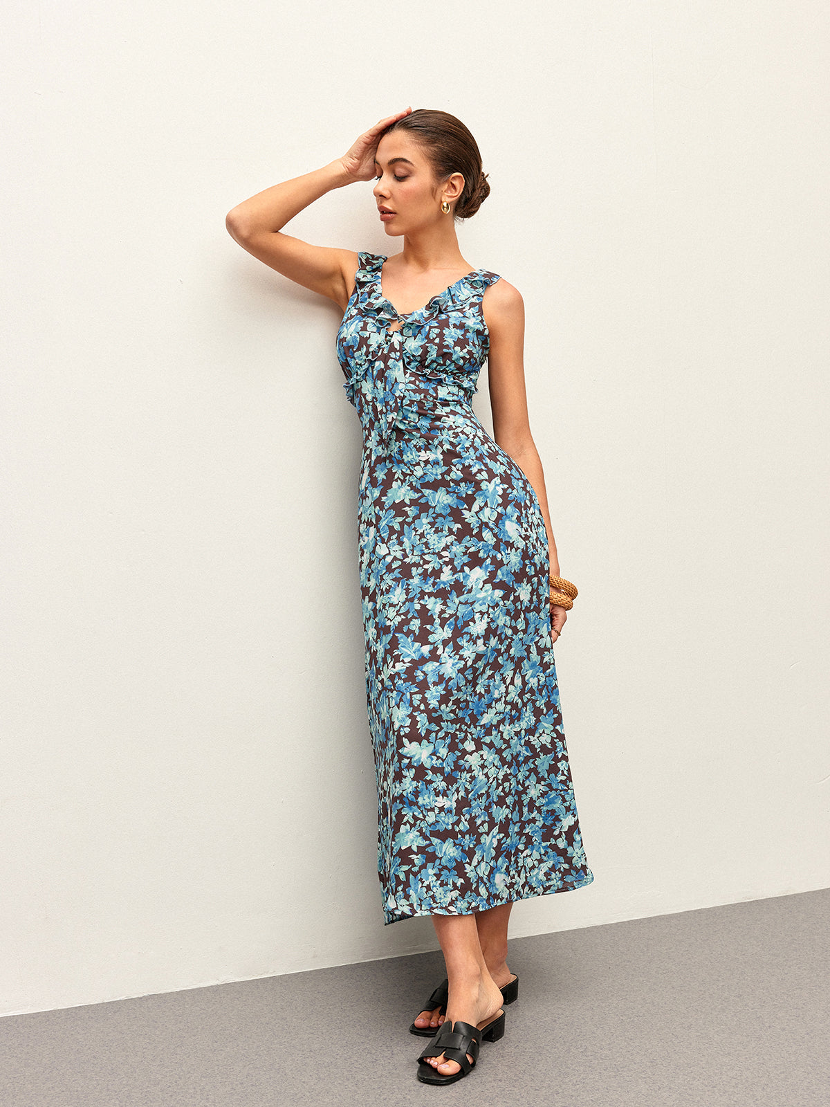 Floral Lettuce Trim V-Neck Zipper Dress-Chicvia