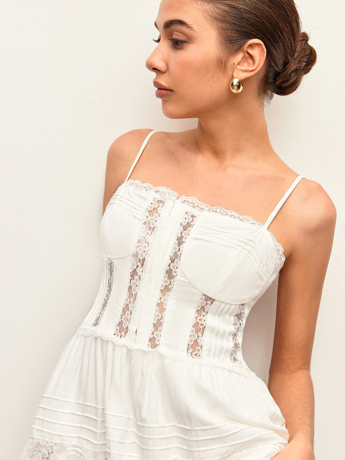 Pleated Lace-Trimmed Short Dress-Chicvia