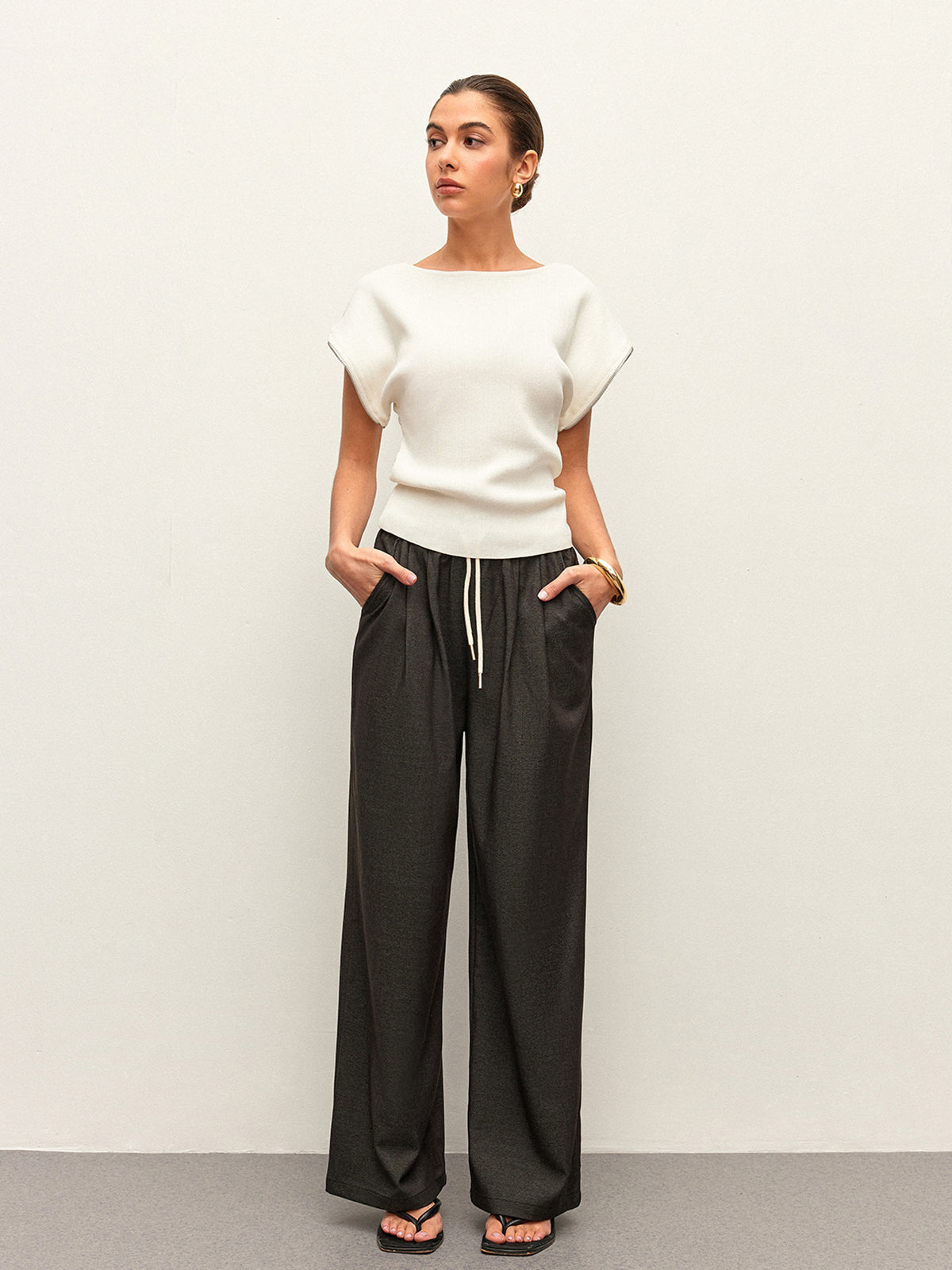 High-Waist Pocket Detail Drawstring Pants-Chicvia
