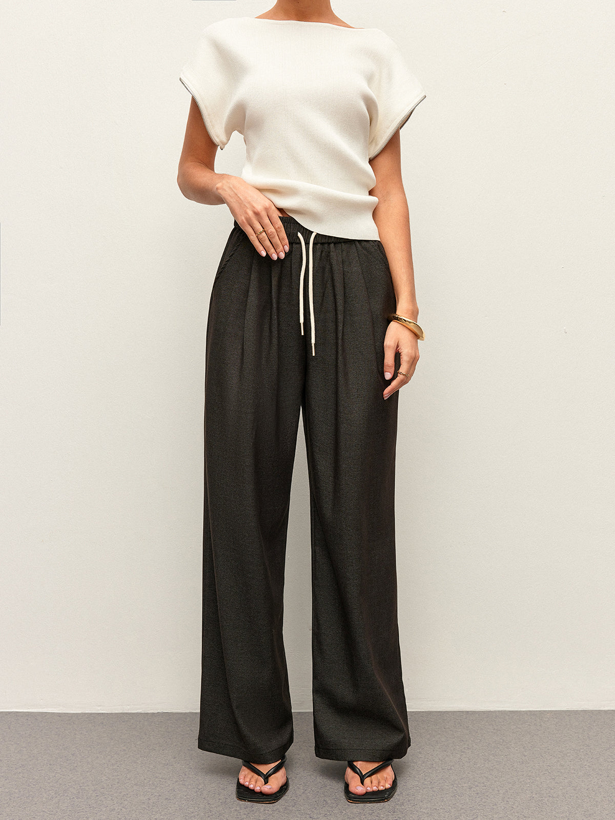High-Waist Pocket Detail Drawstring Pants-Chicvia