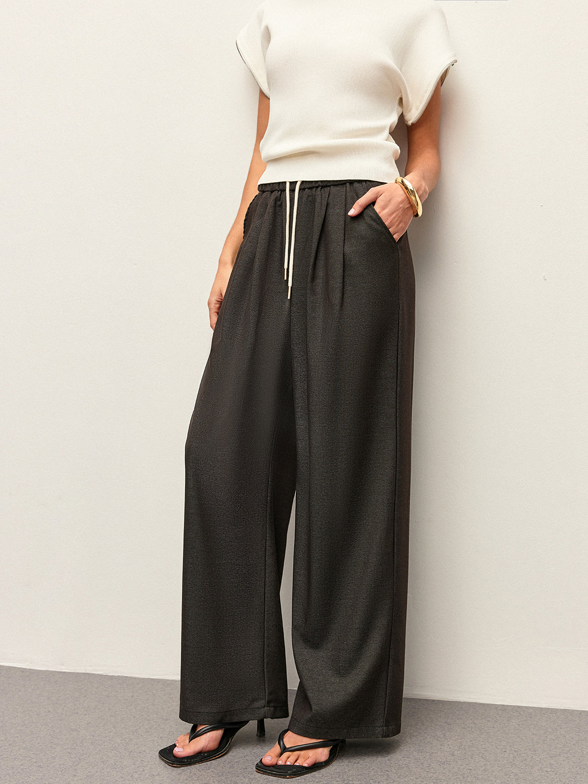 High-Waist Pocket Detail Drawstring Pants-Chicvia