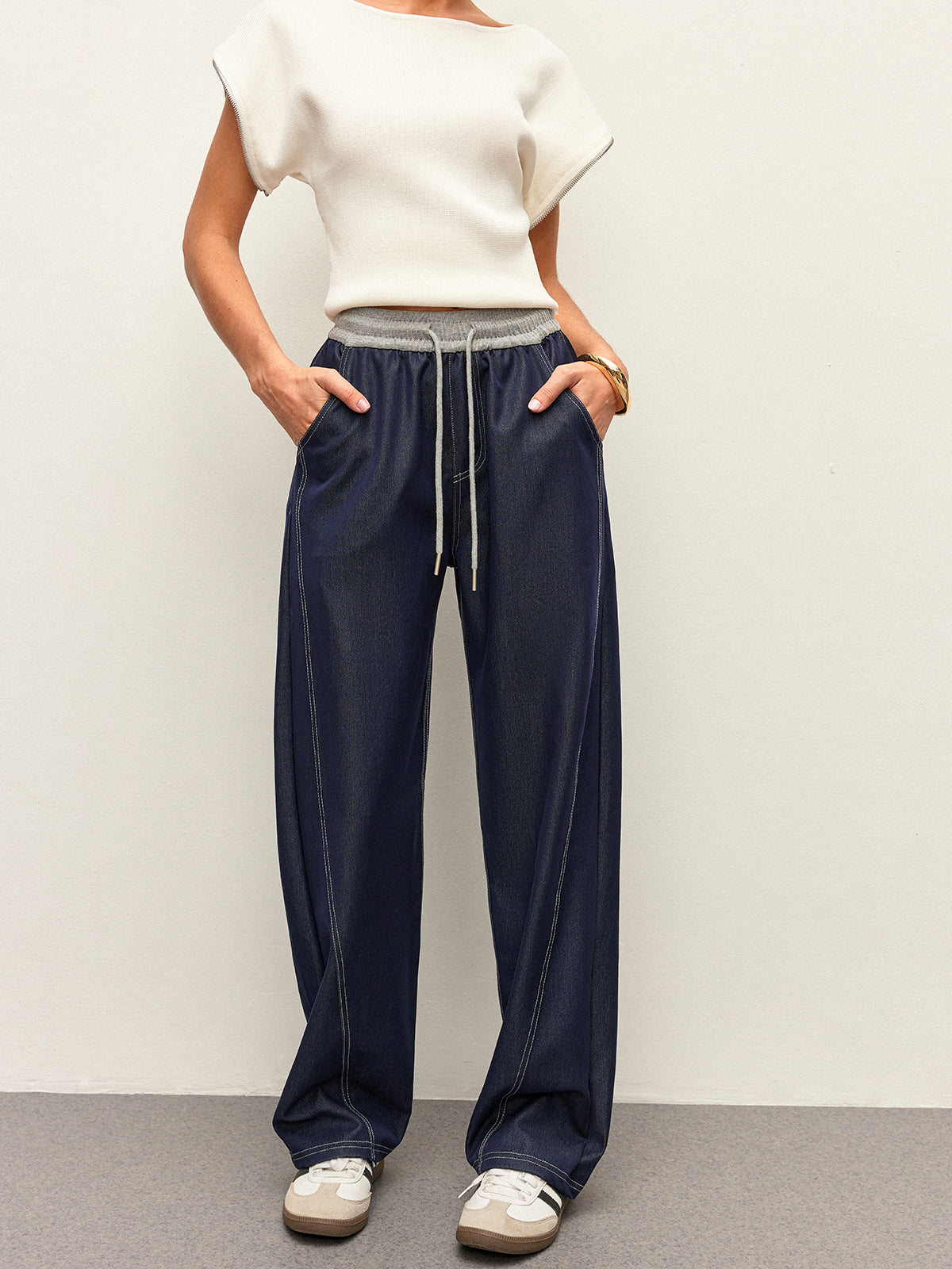 High-Waist Drawstring Denim Pants With Pockets-Chicvia