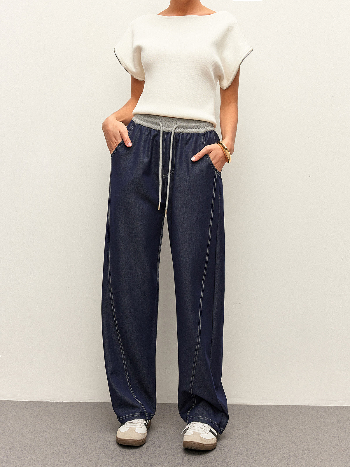 High-Waist Drawstring Denim Pants With Pockets-Chicvia