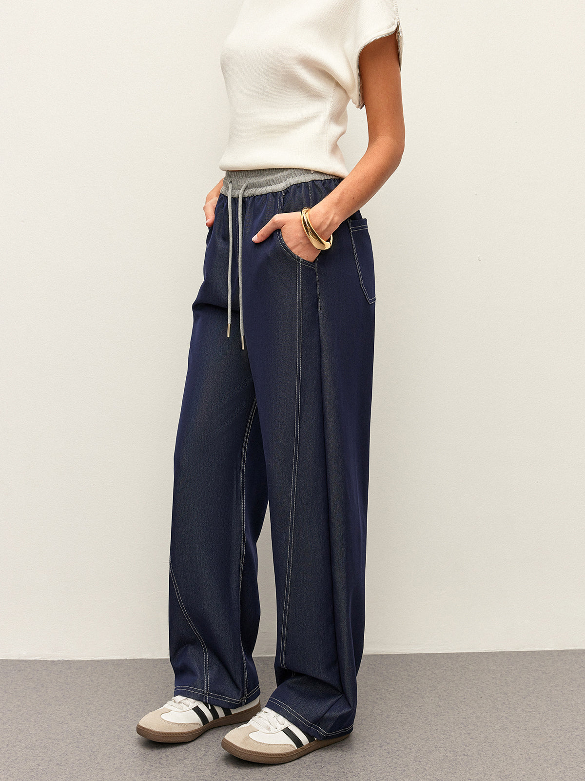 High-Waist Drawstring Denim Pants With Pockets-Chicvia