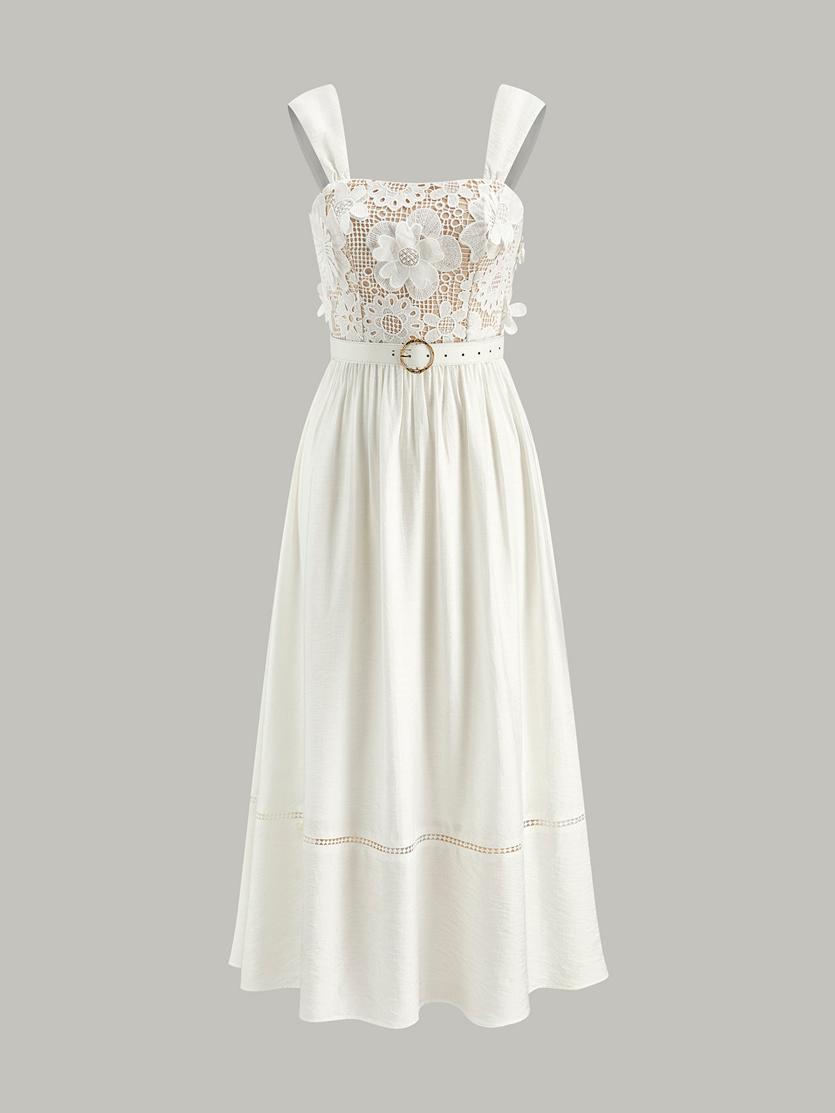 Cotton Floral Lace Belted Dress-Chicvia