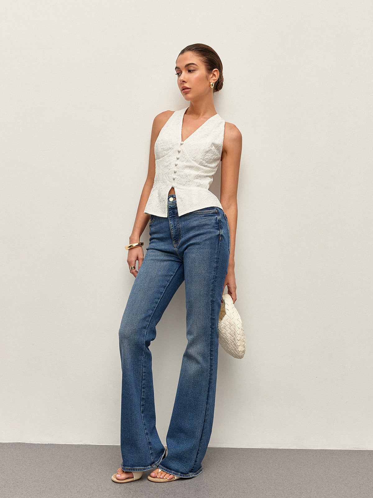 Lace Button Detail Halter Top-Chicvia