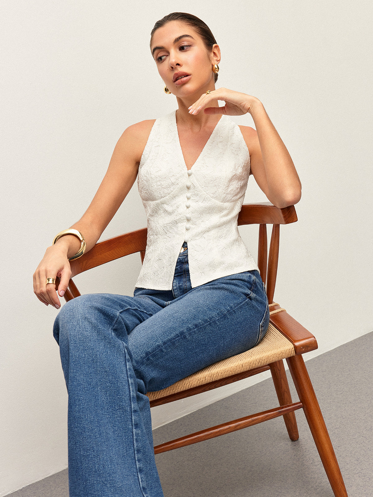 Lace Button Detail Halter Top-Chicvia