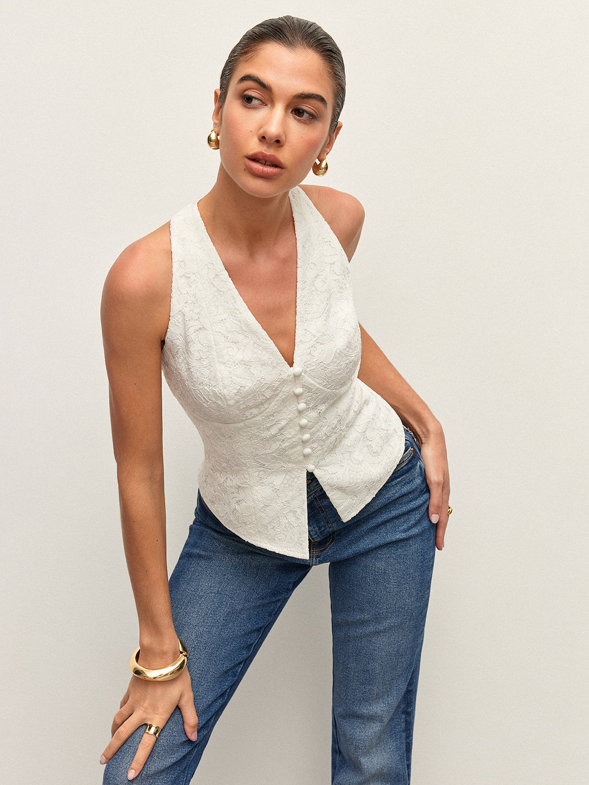 Lace Button Detail Halter Top-Chicvia