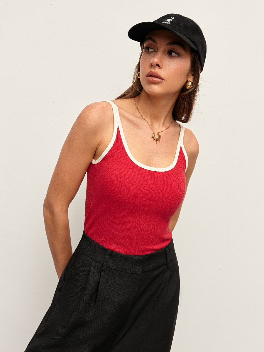 Contrast Trim Ribbed Cami Top-Chicvia
