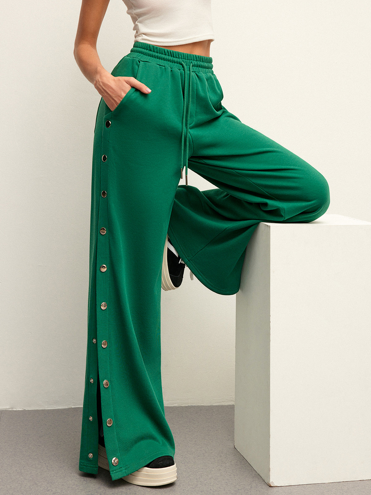 Mid-Waist Drawstring Sweatpants With Button Side Detail-Chicvia