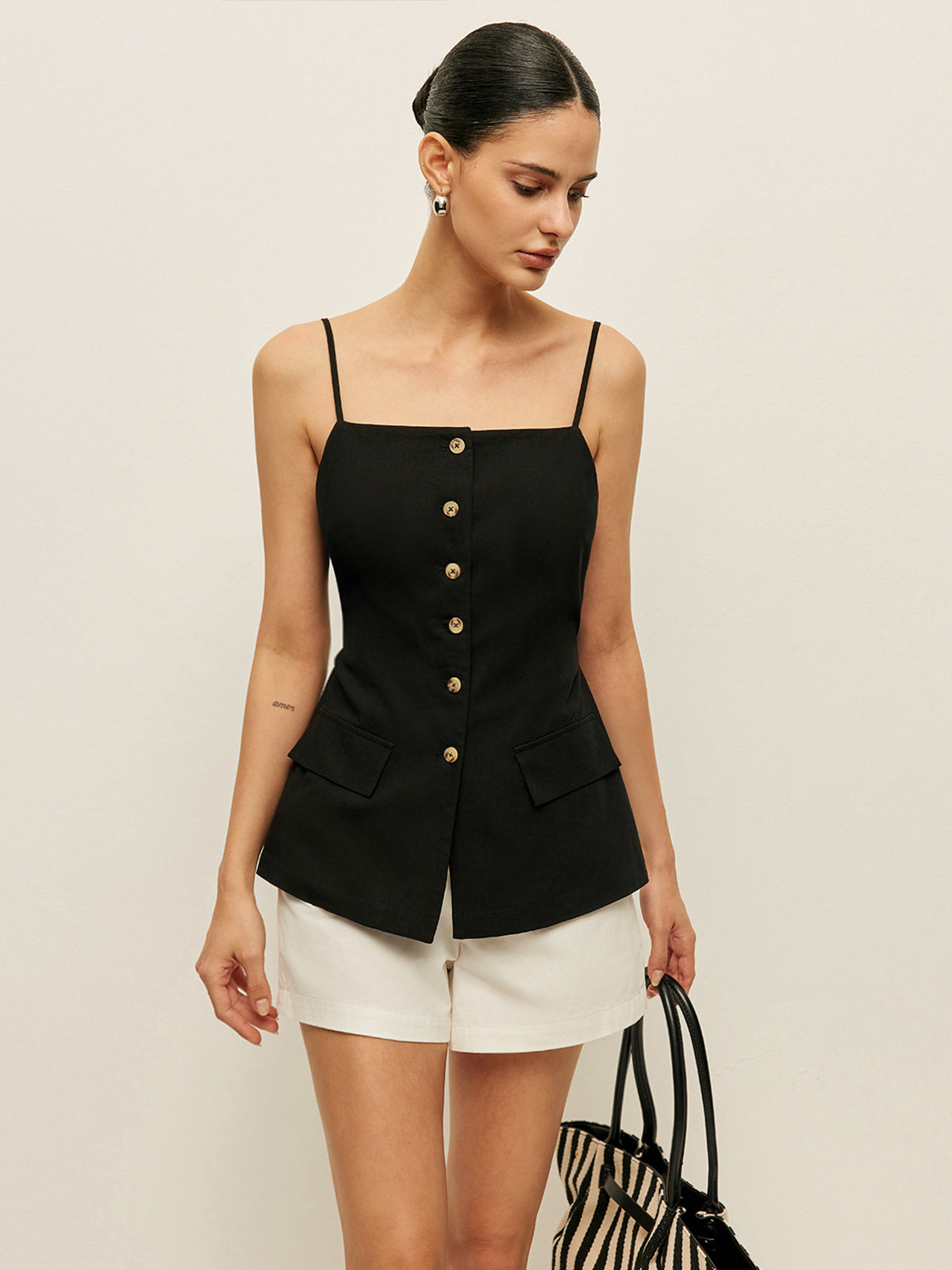 Cotton Button Tie-Back Tank Top-Chicvia