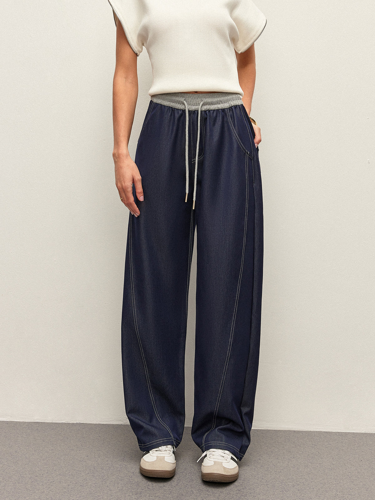 High-Waist Drawstring Denim Pants With Pockets-Chicvia