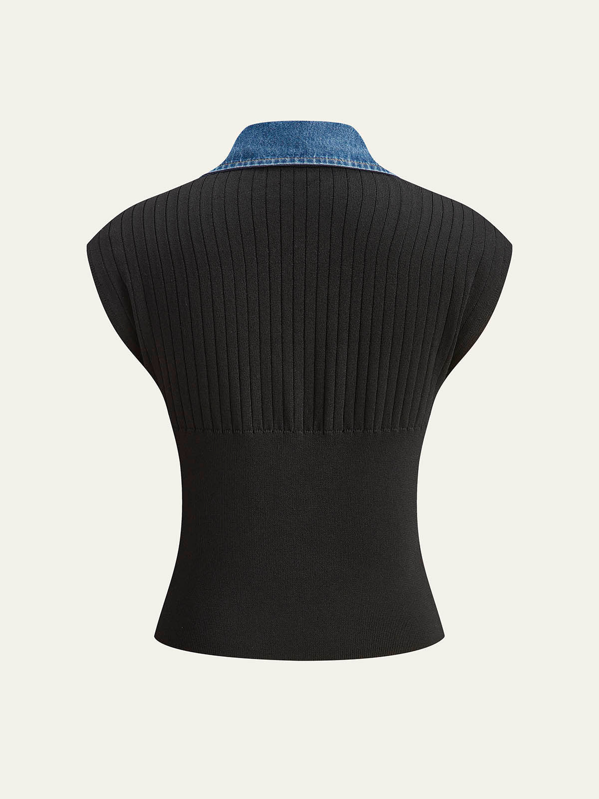 Denim Trim Ribbed Knit Top-Chicvia