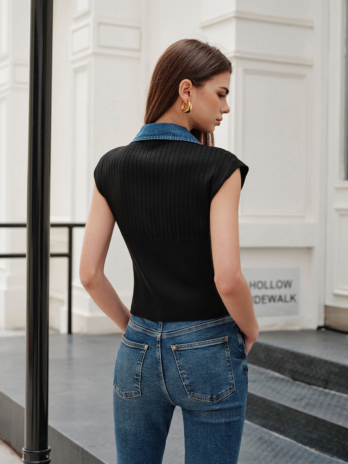 Denim Trim Ribbed Knit Top-Chicvia