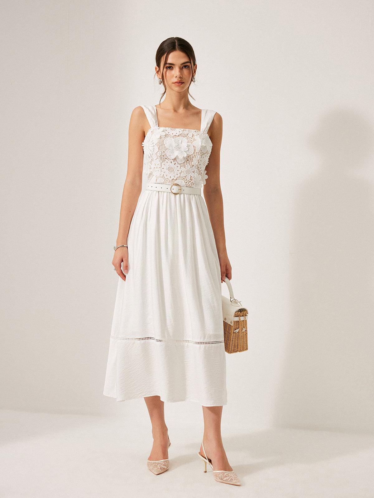 Cotton Floral Lace Belted Dress-Chicvia