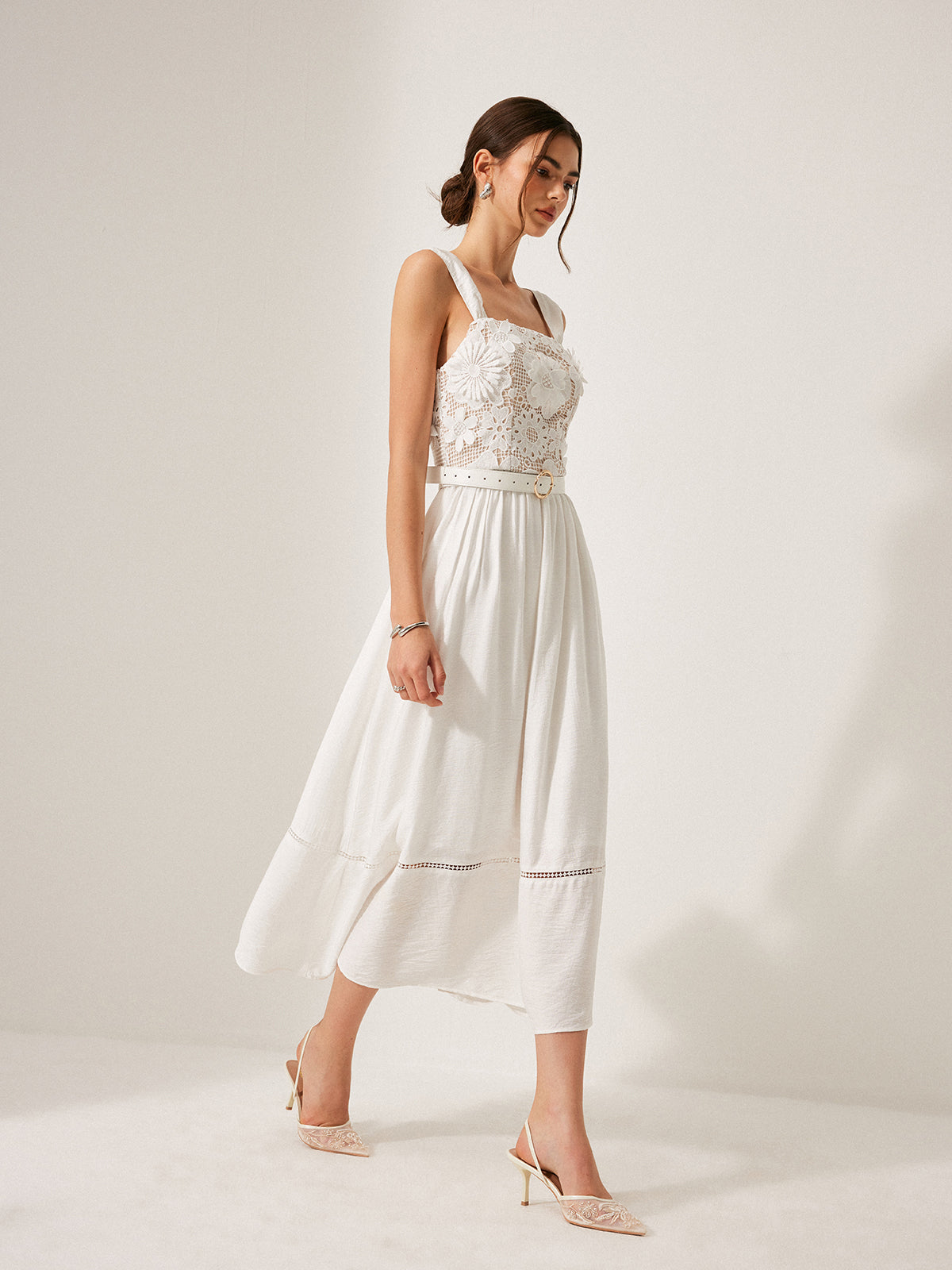 Cotton Floral Lace Belted Dress-Chicvia