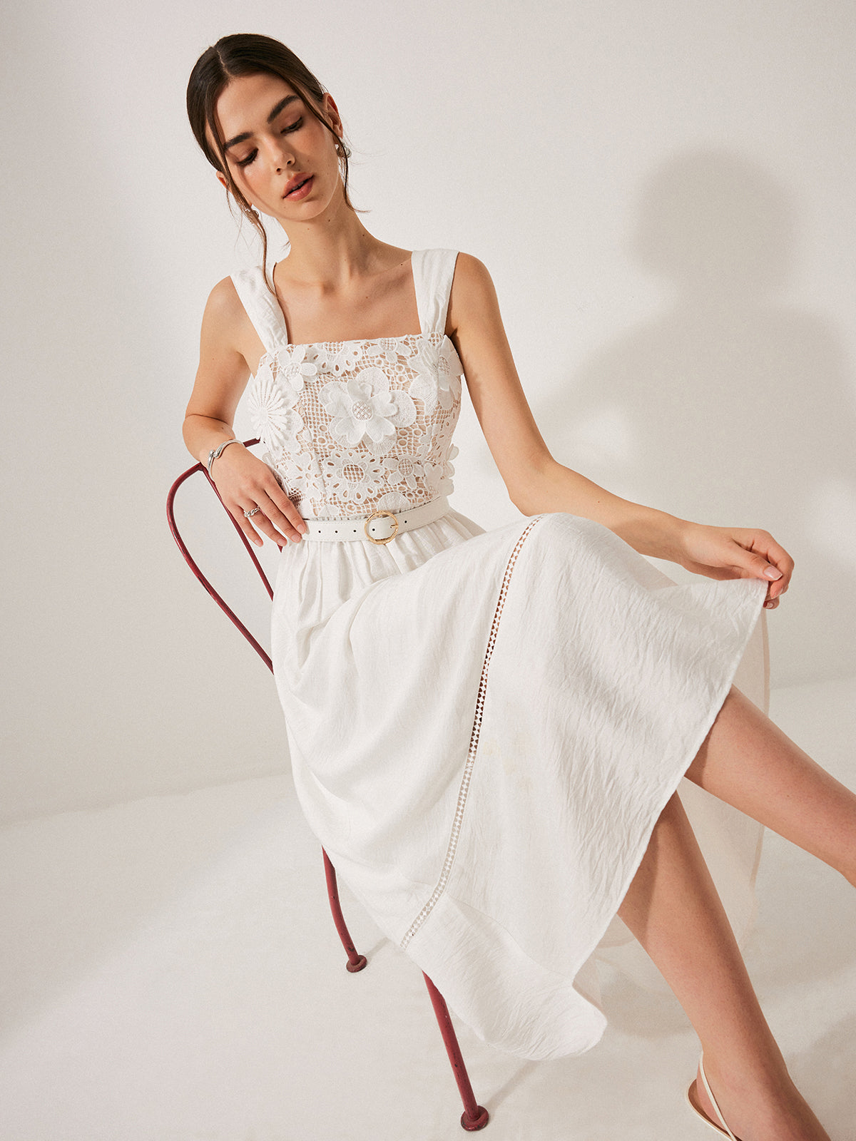 Cotton Floral Lace Belted Dress-Chicvia