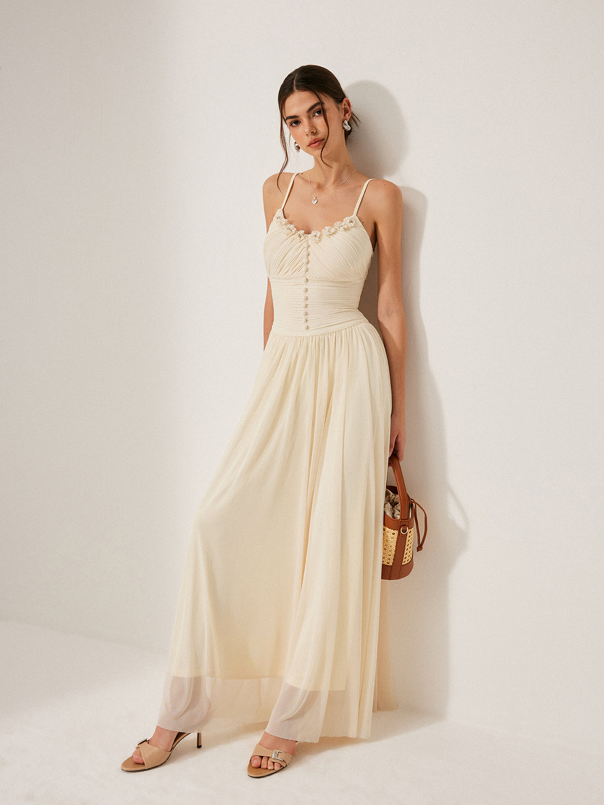 Button-Detail Mesh Panel Dress-Chicvia