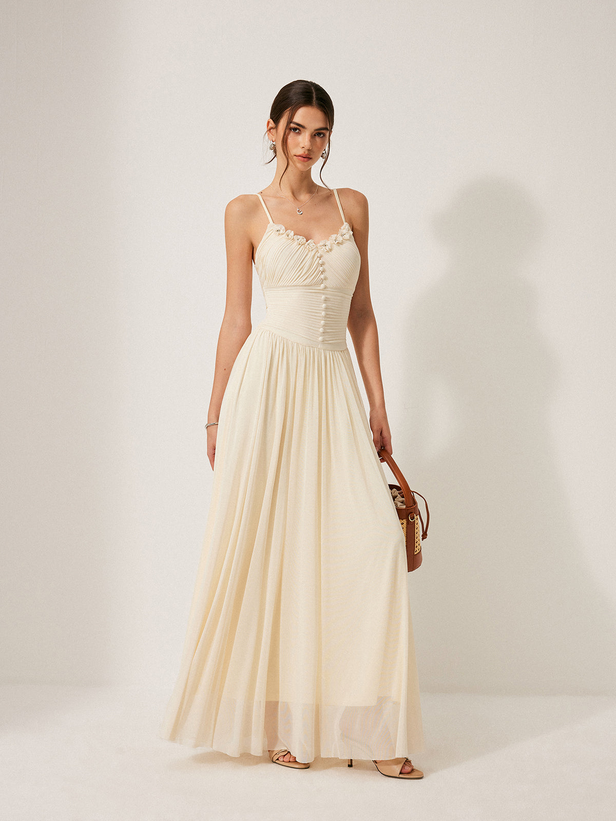 Button-Detail Mesh Panel Dress-Chicvia