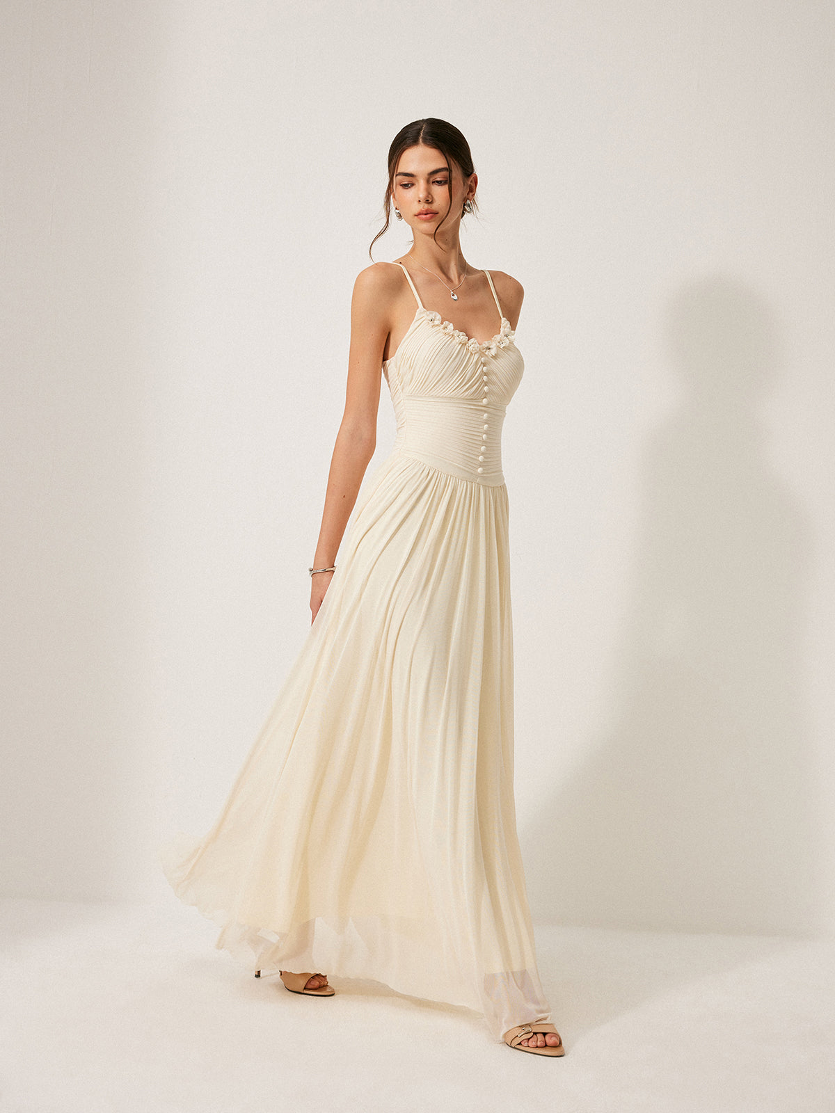 Button-Detail Mesh Panel Dress-Chicvia