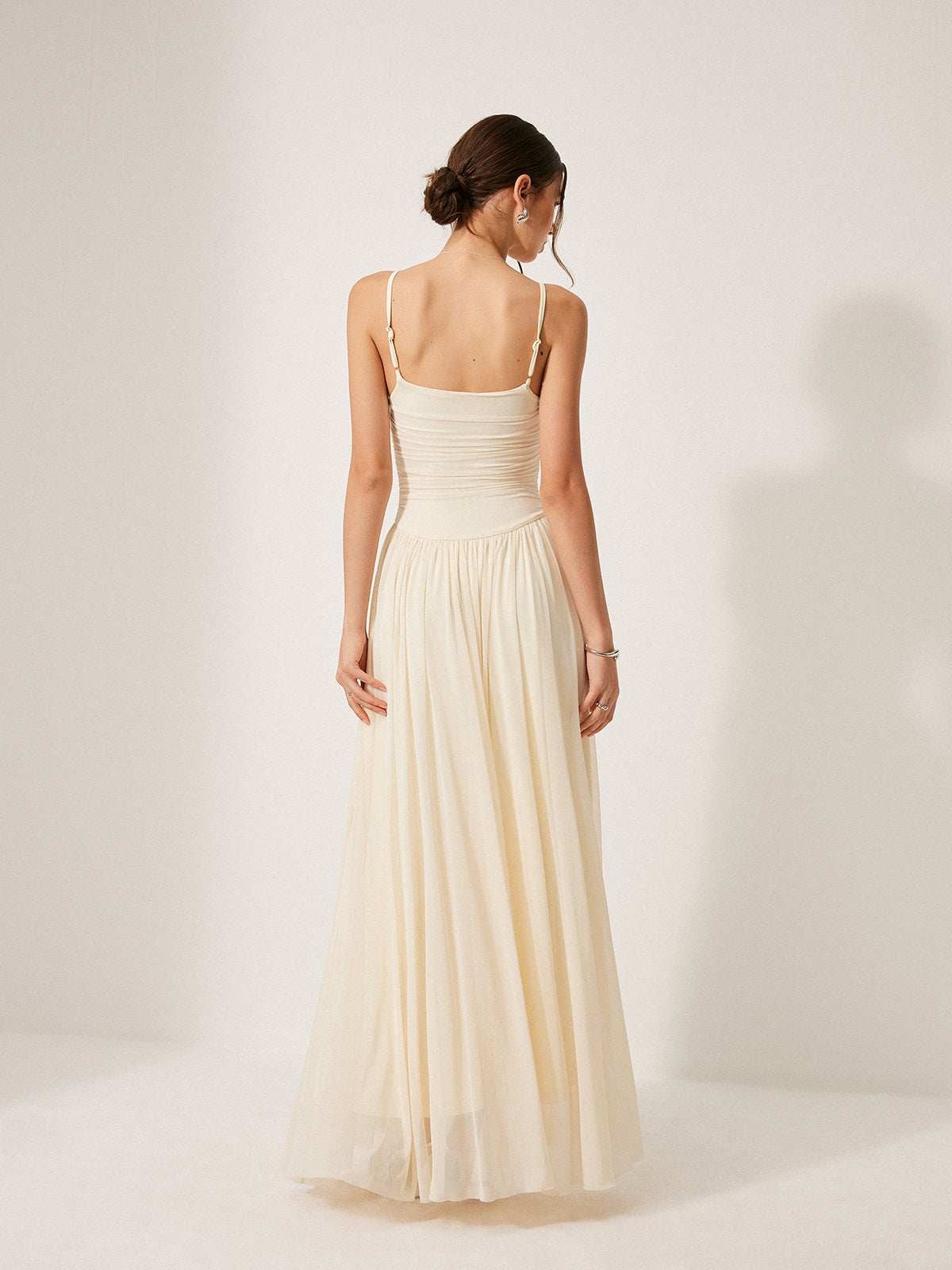 Button-Detail Mesh Panel Dress-Chicvia