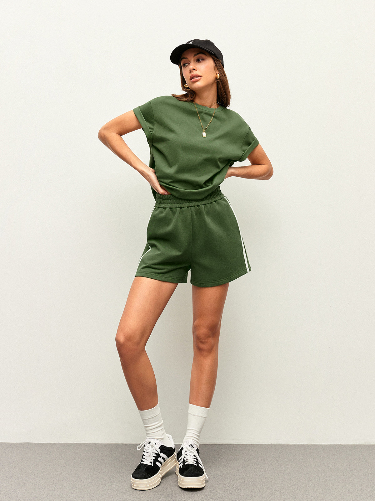 Cotton Stripe Side Detail Shorts Set-Chicvia