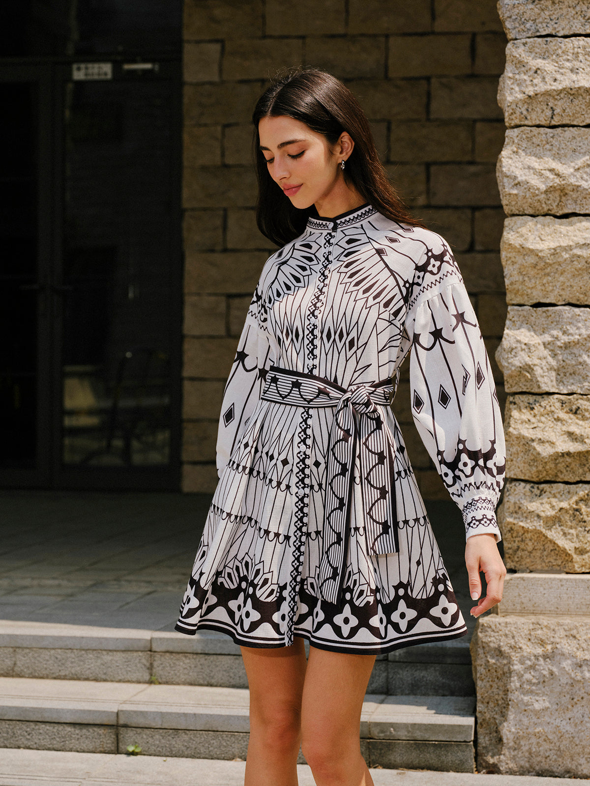 Linen Blend Long Sleeve Belted Dress-Chicvia