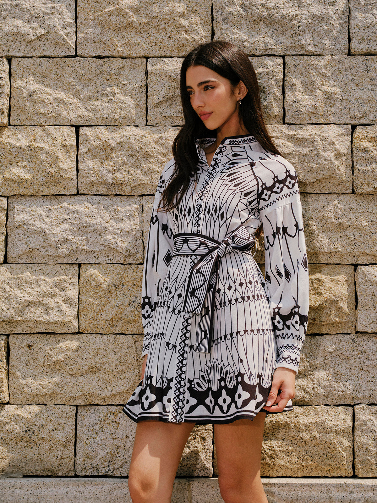 Linen Blend Long Sleeve Belted Dress-Chicvia