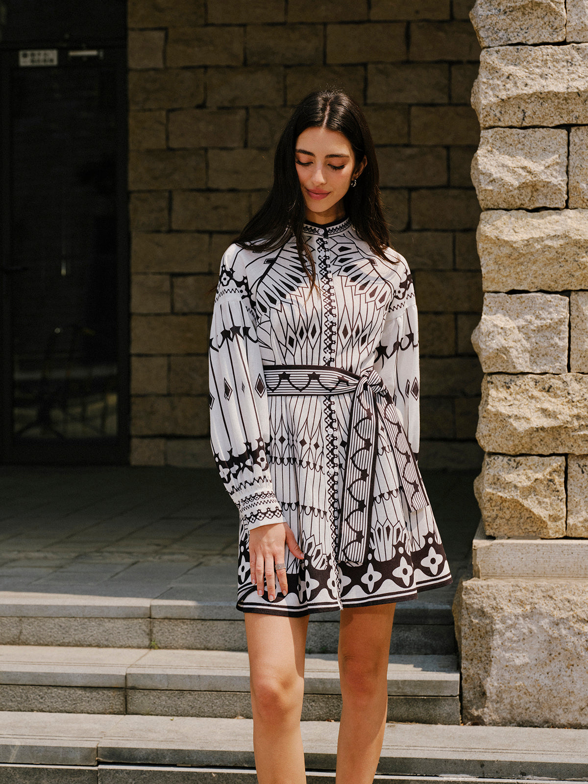 Linen Blend Long Sleeve Belted Dress-Chicvia